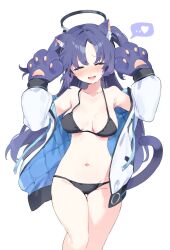 Rule 34 | animal ears, animal hands, bikini, black bikini, blue archive, blush, breasts, cat ears, cat girl, cat tail, closed eyes, gloves, halo, highres, jacket, long hair, medium breasts, meunhongcha, navel, open clothes, open jacket, open mouth, paw gloves, purple hair, simple background, smile, swimsuit, tail, white background, yuuka (blue archive)
