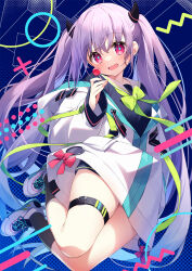 Rule 34 | 1girl, black socks, bow, candy, commentary request, food, green bow, green ribbon, highres, holding, holding food, jacket, lollipop, long hair, long sleeves, looking at viewer, open mouth, original, purple hair, red eyes, ribbon, shirt, shoes, shorts, sneakers, socks, solo, suimya, thigh strap, twintails, very long hair, white footwear