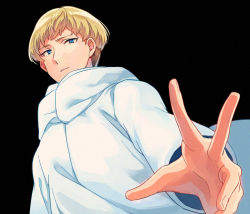 Rule 34 | 1boy, asada hachi, asuka ryou, black background, blonde hair, blue eyes, coat, commentary request, devilman, devilman crybaby, from below, long sleeves, looking at viewer, male focus, parted lips, short hair, simple background, solo, twitter username, upper body, watermark, white coat