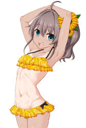 Rule 34 | 1girl, ahoge, armpits, arms up, bikini, blue eyes, brown hair, commentary request, cowboy shot, flat chest, flower, frilled bikini, frills, groin, hair flower, hair ornament, halterneck, highres, hololive, natsuiro matsuri, natsuiro matsuri (hololive summer 2019), navel, one-piece tan, seushiki (ponti-ron), side ponytail, simple background, solo, sunflower, sunflower hair ornament, swimsuit, tan, tanline, virtual youtuber, white background, yellow bikini