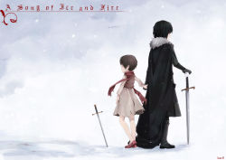 Rule 34 | 1boy, 1girl, a song of ice and fire, animification, arya stark, black hair, brother and sister, brown hair, copyright name, dress, hetero, holding hands, inma, jon snow, planted, planted sword, planted weapon, rags, scarf, short hair, siblings, snow, sword, torn clothes, weapon
