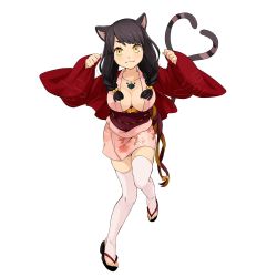 Rule 34 | 1girl, :3, animal ears, artist request, bell, breasts, cat ears, cat tail, cleavage, copyright request, floral print, full body, japanese clothes, large breasts, looking at viewer, multiple tails, nekomata (youkai hyakki-tan!), official art, paw pose, paw print, sandals, simple background, sleeves past wrists, solo, tail, thighhighs, toeless legwear, toes, white background, white thighhighs, wide sleeves, yellow eyes, youkai hyakki-tan!