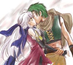 Rule 34 | couple, elbow gloves, closed eyes, fingerless gloves, fire emblem, fire emblem: radiant dawn, gloves, green hair, hair ribbon, holding another&#039;s wrist, kiss, long hair, lowres, micaiah (fire emblem), nintendo, pantyhose, ribbon, scarf, short hair, silver hair, sothe, surprised, wristband, yellow eyes
