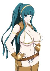 Rule 34 | 1girl, aqua eyes, aqua hair, armlet, belt, bikini, blue eyeshadow, blunt bangs, blunt ends, breasts, brown belt, brown gloves, brown vest, buckle, cleavage, cleopatra (fate), closed mouth, collarbone, collared vest, cowboy shot, cropped vest, earrings, eyelashes, eyeshadow, fate/grand order, fate (series), fingerless gloves, gloves, gold choker, gold hairband, groin, hairband, hands on own hips, high ponytail, highleg, highleg bikini, highres, hoop earrings, jabara tornado, jewelry, legs together, long hair, looking at viewer, makeup, micro bikini, multicolored bikini, multicolored clothes, navel, sidelocks, skindentation, smile, solo, swimsuit, thick thighs, thighs, underboob, vest, white bikini, wide hips