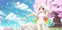 Rule 34 | 1girl, amaterasu (ookami), animal ears, bad id, bad pixiv id, breasts, cherry blossoms, furry, furry female, kishibe, nude, ookami (game), personification, red eyes, solo, tail, white hair