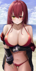 Rule 34 | 1girl, absurdres, arm under breasts, beach, bikini, blush, breasts, cleavage, collarbone, gluteal fold, hair down, heterochromia, highres, hololive, houshou marine, huge breasts, jacket, laimer, long hair, looking at viewer, navel, ocean, red bikini, red eyes, red hair, sky, solo, stomach, swimsuit, thigh gap, thighs, virtual youtuber, water, yellow eyes