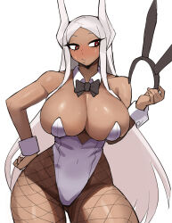 Rule 34 | 1girl, animal ears, bare shoulders, boku no hero academia, breasts, bright pupils, cleavage, closed mouth, commentary, cowboy shot, dark-skinned female, dark skin, detached collar, donburi (donburikazoku), english commentary, fake animal ears, fishnet pantyhose, fishnets, gluteal fold, grey hair, hand on own hip, highres, huge breasts, large breasts, leotard, looking at object, mirko, pantyhose, playboy bunny, rabbit ears, red eyes, simple background, skindentation, solo, strapless, strapless leotard, sweat, thick thighs, thighs, white background, white leotard, white pupils, wide hips, wrist cuffs