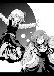 Rule 34 | 2girls, bad id, bad pixiv id, culter, embodiment of scarlet devil, female focus, greyscale, hair ribbon, monochrome, multiple girls, mystic square, one eye closed, open mouth, outstretched arms, ribbon, rumia, sara (touhou), skirt, skirt tug, smile, touhou, touhou (pc-98), wink