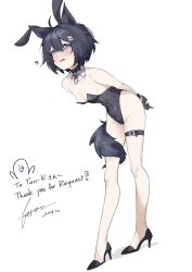 Rule 34 | 1girl, absurdres, ahoge, animal ears, arms behind back, bare legs, bare shoulders, black collar, black footwear, black gloves, black hair, blue eyes, blush, breasts, cleavage, collar, collarbone, commission, covered navel, dated, detached collar, dog ears, dog tail, english text, fake animal ears, fataaa, flying sweatdrops, full body, gloves, hair between eyes, hair ornament, high heels, highres, leaning forward, leg belt, legs, leotard, looking at viewer, mishe (yan-k), open mouth, original, playboy bunny, rabbit ears, shoes, short hair, signature, simple background, skeb commission, small breasts, solo, standing, sweat, tail, tail around own leg, wavy mouth, white background, wolf ears, wolf girl, wolf tail