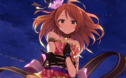 Rule 34 | 10s, 1girl, bare shoulders, blush, brown eyes, brown hair, dress, female focus, hand on own chest, highres, hojo karen, idolmaster, idolmaster cinderella girls, long hair, looking at viewer, neck garter, outstretched arm, outstretched hand, smile, solo, yuki usagi (mofurafu)