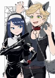 Rule 34 | 1boy, 1girl, adrien agreste, animal ears, black gloves, black jacket, black pants, blonde hair, blue eyes, blue hair, chain, closed mouth, gloves, green eyes, gun, highres, hm89509321, holding, holding gun, holding weapon, jacket, light blush, looking at another, marinette dupain-cheng, miraculous ladybug, nun, open clothes, open jacket, open mouth, pants, smile, tail, weapon, wolf boy, wolf ears, wolf tail