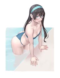 Rule 34 | 1girl, all fours, ass, bikini, black hair, blue bikini, breasts, cleavage, cowboy shot, glasses, green eyes, green hairband, hairband, highres, kantai collection, long hair, ooyodo (kancolle), parted lips, poolside, small breasts, solo, strapless, strapless bikini, swimsuit, water, yuuji (and)