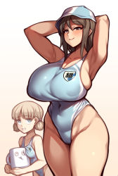 Rule 34 | 2girls, absurdres, aki (girls und panzer), alternate breast size, armpits, arms behind head, arms up, blue eyes, breast press, breasts, brown eyes, brown hair, clothes, clothes grab, cup, female focus, girls und panzer, hat, highres, holding, holding mug, jealous, large breasts, long hair, looking at viewer, medium breasts, mika (girls und panzer), mug, multiple girls, nikuatsu magician shinbo, seductive smile, simple background, smile, swimsuit, thighs, twintails, white background