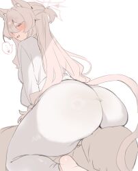 Rule 34 | ..., 1boy, 1girl, akira (blue archive), animal ears, ass, blue archive, blush, breasts, cat ears, cat girl, cat tail, faceless, faceless male, from behind, girl on top, grey hair, halo, heart, hetero, highres, huge ass, ichi (itinoe89), long hair, looking back, medium breasts, open mouth, pants, red eyes, shirt, simple background, sitting, sitting on face, sitting on person, solo focus, spoken ellipsis, spoken heart, tail, very long hair, white background, white pants, white shirt