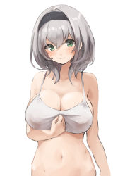 Rule 34 | 1girl, bare shoulders, breast press, breasts, cleavage, covered erect nipples, crop top, green eyes, grey hair, hairband, highres, hololive, large breasts, looking at viewer, navel, oggu (neoguloliko), shirogane noel, simple background, skindentation, smile, solo, tank top, upper body, virtual youtuber, white background