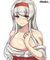 Rule 34 | 1girl, absurdres, areola slip, breasts, brown eyes, cleavage, collarbone, headband, heart, heart-shaped pupils, highres, japanese clothes, kantai collection, kiritto, large breasts, lips, long hair, looking at viewer, off shoulder, open clothes, red headband, shoukaku (kancolle), shoukaku kai ni (kancolle), silver hair, simple background, smile, solo, symbol-shaped pupils, twitter username, upper body, white background