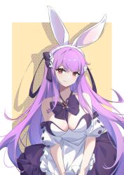Rule 34 | 1girl, absurdres, animal ears, bow, bowtie, breasts, cleavage, closed mouth, detached sleeves, dress, fake animal ears, hair between eyes, headband, highres, large breasts, original, purple hair, red eyes, smile, solo, straight hair, strapless, strapless dress, user mwzd5355, white headband