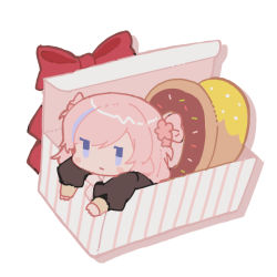 Rule 34 | 1girl, black jacket, blue eyes, blue hair, blush stickers, bow, box, chibi, closed mouth, doughnut, flower, food, hair flower, hair ornament, ikeuchi tanuma, in box, in container, jacket, long sleeves, mini person, minigirl, multicolored hair, original, pastry box, pink flower, pink hair, puffy long sleeves, puffy sleeves, red bow, simple background, sleeves past wrists, solo, streaked hair, white background