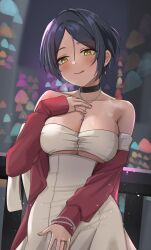 Rule 34 | 1girl, :q, bare shoulders, black choker, blue hair, blurry, blurry background, blush, bracelet, breasts, choker, cleavage, cleavage cutout, clothing cutout, collarbone, dark blue hair, dress, earrings, hayami kanade, highres, idolmaster, idolmaster cinderella girls, jacket, jewelry, kamoroma614 r18, large breasts, licking lips, looking at viewer, necklace, parted bangs, railing, red jacket, ring, short hair, smile, solo, tongue, tongue out, underboob, white dress