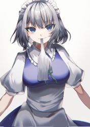 Rule 34 | 1girl, apron, blue eyes, blue vest, blush, braid, breasts, closed mouth, commentary request, eyelashes, feet out of frame, frilled shirt collar, frills, glove in mouth, gloves, headdress, highres, izayoi sakuya, light smile, looking at viewer, maguri rei, maid headdress, medium breasts, mouth hold, puffy short sleeves, puffy sleeves, shirt, short hair, short hair with long locks, short sleeves, sidelocks, silver hair, simple background, smile, solo, standing, touhou, twin braids, upper body, vest, waist apron, white apron, white background, white gloves, white shirt