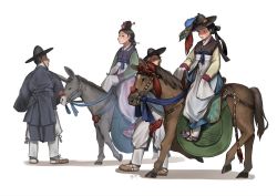Rule 34 | 2boys, 2girls, animal, black eyes, black hair, black headwear, bridle, closed mouth, commentary request, donkey, geumsu, hair ornament, hair stick, hat feather, highres, history, horse, horseback riding, korean clothes, korean commentary, multiple boys, multiple girls, original, riding, saddle, sash, simple background, standing, stirrups (riding), tassel, white background