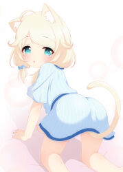 Rule 34 | 1girl, :o, ahoge, all fours, animal ears, ass, bare legs, blonde hair, blue shirt, blue skirt, blush, bow, cat ears, cat tail, feet out of frame, hair bow, highres, hosizora mikoto, idolmaster, idolmaster cinderella girls, kemonomimi mode, looking at viewer, looking back, shirt, short twintails, skirt, solo, striped clothes, striped shirt, striped skirt, tail, tail under clothes, twintails, vertical-striped clothes, vertical-striped shirt, vertical-striped skirt, yusa kozue