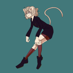 Rule 34 | androgynous, animal ears, brown hair, cat ears, curly hair, gender request, hunter x hunter, looking at viewer, neferpitou, other focus, red eyes, shoes, smile, solo, sukasshu, tail