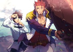 Rule 34 | beard, belt, black hair, blood, blood on face, blue eyes, brown hair, epaulettes, facial hair, fate/grand order, fate (series), fujimaru ritsuka (male), huge weapon, long sideburns, long sleeves, male focus, military, military uniform, multiple boys, napoleon bonaparte (fate), open mouth, pants, pectorals, protecting, rondo (poccal), scar, simple background, smile, torn clothes, uniform, upper body, weapon, worried