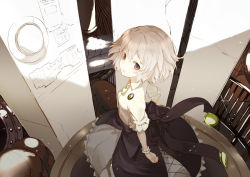 Rule 34 | 1girl, bow, brown eyes, cable, dress, frilled sleeves, frills, from above, looking at viewer, original, parted lips, industrial pipe, ribbon, shiromiso, short hair, short sleeves, slit pupils, solo, white hair, wristband