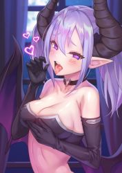 Rule 34 | 1girl, ahoge, bad id, bad pixiv id, bare shoulders, black choker, black gloves, blush, breast lift, breasts, choker, cleavage, closed eyes, collarbone, covered erect nipples, curtains, demon girl, demon horns, demon wings, elbow gloves, fang, fellatio gesture, full moon, gloves, hair between eyes, heart, heart-shaped pupils, heart o-ring, horns, indoors, jagaimo (kkamja), long hair, looking at viewer, medium breasts, moon, naughty face, night, original, pointy ears, purple eyes, purple hair, purple wings, saliva, solo, strapless, symbol-shaped pupils, tongue, tongue out, tube top, twintails, upper body, window, wings