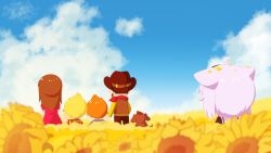 Rule 34 | ahoge, animal ears, blonde hair, blue sky, boney, brown hair, cat ears, claus (mother 3), cloud, cowboy hat, dog, dress, family, field, flint (mother 3), flower, flower field, from behind, hat, hinawa, holding hands, hololive, lucas (mother 3), mother (game), mother 3, nekomata okayu, nintendo, orange hair, petals, purple hair, red dress, shirt, sky, striped clothes, striped shirt, sunflower, sunflower field, twumi, virtual youtuber