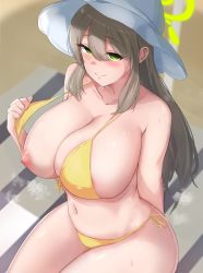 Rule 34 | 1girl, bikini, blue archive, blush, breasts, brown hair, cleavage, closed mouth, collarbone, from above, green eyes, halo, hat, highres, large breasts, long hair, looking at viewer, looking up, navel, nipples, nonomi (blue archive), nonomi (swimsuit) (blue archive), sideboob, sitting, solo, swimsuit, thighs, tyamurai33, white hat, yellow bikini