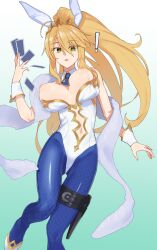 Rule 34 | !, 1girl, ahoge, animal ears, artoria pendragon (all), artoria pendragon (fate), artoria pendragon (swimsuit ruler) (fate), bare shoulders, blonde hair, blue pantyhose, blush, braid, breasts, breasts out, card, clothing cutout, detached collar, doka yuki (tsumorisugi), fate/grand order, fate (series), feather boa, fishnet pantyhose, fishnets, french braid, gold trim, green eyes, hair between eyes, highleg, highleg leotard, highres, holster, large breasts, leotard, long hair, looking at viewer, navel, navel cutout, necktie, nipples, open mouth, pantyhose, playboy bunny, playing card, ponytail, rabbit ears, sidelocks, solo, thigh strap, thighs, tiara, white leotard, wrist cuffs