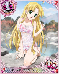 Rule 34 | 1girl, ahoge, asia argento, bikini, bishop (chess), blonde hair, blunt bangs, blunt ends, breasts, card (medium), chess piece, cloud, collarbone, covered erect nipples, covered navel, day, green eyes, high school dxd, long hair, looking at viewer, medium breasts, mountainous horizon, official art, onsen, open mouth, outdoors, rock, smile, solo, swimsuit, tree, v, wet