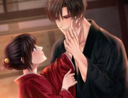 Rule 34 | 1boy, 1girl, black hair, black kimono, blush, brown hair, embarrassed, eye contact, hair bun, hair ornament, hand in another&#039;s hair, hand up, hetero, holding another&#039;s arm, indoors, izumi (stardustalone), japanese clothes, kimono, looking at another, original, parted lips, red kimono, renri no chigiri wo kimi to shiru, single hair bun, upper body, wide sleeves