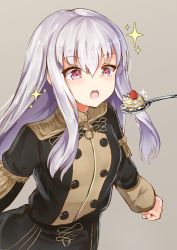 Rule 34 | 1girl, breasts, cake, clenched hand, coat, cowboy shot, fire emblem, fire emblem: three houses, food, fruit, grey background, hair between eyes, long hair, lysithea von ordelia, military, military uniform, nintendo, open mouth, pastry, purple eyes, se-u-ra, sidelocks, silver hair, simple background, small breasts, solo, sparkle, spoon, straight hair, strawberry, uniform