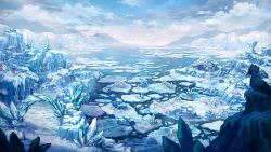 artist_request bird blue_sky blue_theme cloud cloudy_sky crystal day glacier highres horizon ice ice_floe landscape mountain no_humans ocean official_art outdoors ragnarok_online scenery sky water