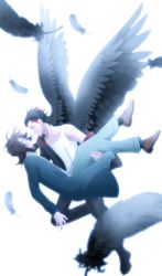 Rule 34 | 2boys, absurdres, black hair, black jacket, black wings, blue pants, brown footwear, brown hair, carrying, earrings, eye contact, feathered wings, feathers, glasses, highres, jacket, jewelry, long hair, looking at another, male focus, mist flaiv, multicolored hair, multiple boys, pants, princess carry, red hair, saga latour, shirt, short hair, simple background, stud earrings, suisei ms (oba 0808), two-tone hair, visual prison, white background, white shirt, wings, yaoi