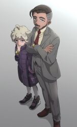 Rule 34 | 2boys, bede (pokemon), black footwear, black hair, blonde hair, business suit, closed mouth, coat, collared shirt, commentary request, creatures (company), crossed arms, curly hair, earrings, facial hair, formal, game freak, grey background, grey eyes, grey jacket, grey pants, grey vest, hand to own mouth, hand up, jacket, jewelry, long sleeves, looking at viewer, male focus, marutei2, multiple boys, mustache, necktie, nintendo, pants, pokemon, pokemon swsh, pouch, purple bag, purple coat, red necktie, rose (pokemon), shirt, shoes, short hair, smile, sneakers, standing, suit, undercut, vest, watch, white pants, white shirt, wristwatch