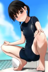 Rule 34 | 1girl, absurdres, barefoot, black hair, black one-piece swimsuit, blurry, blurry background, blush, breasts, brown eyes, chain-link fence, cloud, commentary, competition swimsuit, diving block, fence, hands on own legs, highres, looking at viewer, matsunaga kouyou, nose blush, one-piece swimsuit, original, parted lips, short twintails, sky, small breasts, spread legs, squatting, swimsuit, twintails