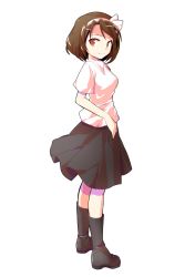 Rule 34 | 1girl, alphes (style), blouse, brown eyes, brown hair, collared shirt, dairi, dateless bar &quot;old adam&quot;, from side, full body, hair between eyes, hair ribbon, highres, miniskirt, parody, ribbon, shirt, short hair, simple background, skirt, solo, standing, style parody, touhou, transparent background, usami renko, white background, white shirt