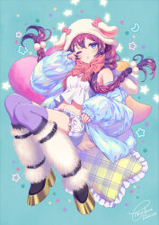 Rule 34 | 1girl, ;o, animal ears, animal hat, blue background, blue jacket, braid, camisole, commentary request, crescent, fake animal ears, frilled pillow, frilled shirt, frills, fringe trim, full body, hand up, hat, highres, jacket, long hair, long sleeves, looking at viewer, low twintails, morikura en, navel, off shoulder, one eye closed, open clothes, open jacket, original, parted lips, pillow, plaid pillow, puffy long sleeves, puffy sleeves, purple hair, purple thighhighs, red scarf, scarf, shirt, short shorts, shorts, simple background, sleeves past wrists, solo, star (symbol), starry background, thighhighs, twin braids, twintails, very long hair, white camisole, white hat, white shorts