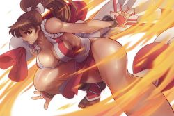 Rule 34 | 1girl, breasts, brown eyes, brown hair, cleavage, large breasts, long hair, open mouth, ponytail, shiranui mai, solo, the king of fighters