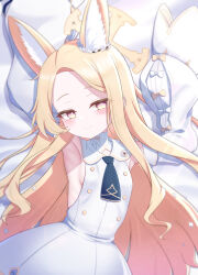 1girl absurdres animal_ear_fluff animal_ears armpits arms_up ascot blonde_hair blue_archive blue_ascot blush bow breasts closed_mouth collared_dress detached_sleeves dress extra_ears fox_ears fox_girl gnoet halo highres long_hair long_sleeves looking_at_viewer red_eyes seia_(blue_archive) sideboob sideless_dress sleeve_bow sleeves_past_fingers sleeves_past_wrists small_breasts smile solo two-tone_eyes white_bow white_dress white_sleeves yellow_bow yellow_eyes yellow_halo