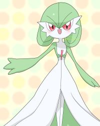 Rule 34 | 1girl, absurdres, artist name, blush, bob cut, colored skin, creatures (company), female focus, flat chest, game freak, gardevoir, gen 3 pokemon, green hair, green skin, hair between eyes, happy, highres, legs together, looking at viewer, meru (mer milky77), multicolored background, multicolored skin, nintendo, open mouth, pokemon, pokemon (creature), polka dot, polka dot background, red eyes, short hair, signature, smile, solo, standing, straight-on, twitter username, two-tone skin, white skin