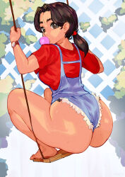 Rule 34 | 1girl, ass, character request, chewing gum, feet, forehead, highres, huge ass, keigi, looking at viewer, overalls, shiny skin, solo, squatting, swing, watch