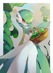 Rule 34 | 1girl, arched back, arm up, basket, blush, bob cut, border, chikichi, closed mouth, clover, colored skin, creatures (company), day, female focus, flat chest, four-leaf clover, from side, game freak, gardevoir, gen 3 pokemon, grass, green hair, green skin, hair over one eye, happy, highres, holding, holding clover, leaf, light blush, looking to the side, multicolored skin, nintendo, outdoors, outside border, outstretched arm, plant, pokemon, pokemon (creature), red eyes, short hair, smile, solo, standing, two-tone skin, vines, white border, white skin