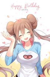 Rule 34 | 1girl, blush, breasts, closed eyes, collarbone, creatures (company), dated, double bun, english text, female focus, flower, game freak, hair bun, hair flower, hair ornament, hand up, happy, happy birthday, highres, large breasts, long hair, multicolored shirt, nintendo, open mouth, pantyhose, petals, pink flower, poke ball symbol, poke ball theme, pokemon, pokemon adventures, pokemon bw2, rosa (pokemon), simple background, smile, solo, standing, teeth, twintails, upper body, white background, yuhi (hssh 6)