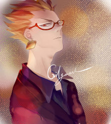 Rule 34 | 1boy, bad id, bad pixiv id, bespectacled, blonde hair, earrings, fate/stay night, fate (series), gilgamesh (fate), glasses, hair up, jewelry, lorein, male focus, red-framed eyewear, red eyes, solo
