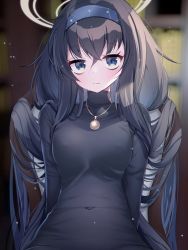 Rule 34 | 1girl, black hair, black sweater, blue archive, blue eyes, blue hairband, blurry, blurry background, blush, breasts, chair, closed mouth, commentary, covered erect nipples, covered navel, hair between eyes, hairband, halo, hato haru, highres, jewelry, long hair, long sleeves, looking at viewer, necklace, sitting, small breasts, solo, sweater, turtleneck, turtleneck sweater, ui (blue archive), upper body, very long hair